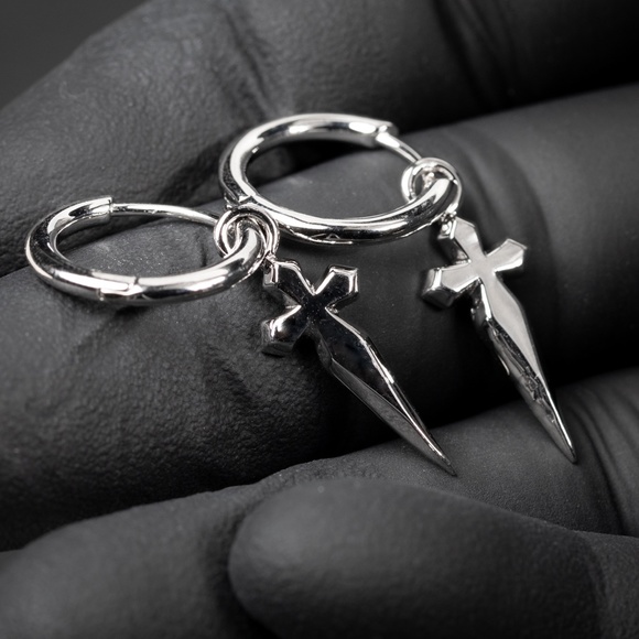Men's Solid Sterling Silver Dangle Dagger Sword Cross Huggie Hoop Earrings - Picture 2 of 5